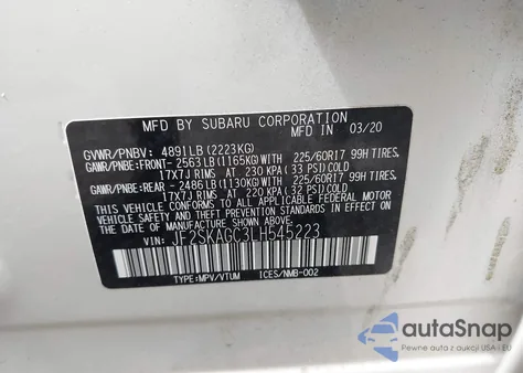 2020 Subaru Forester Premium из США, поврежденный, VIN JF2SKAGC3LH545223